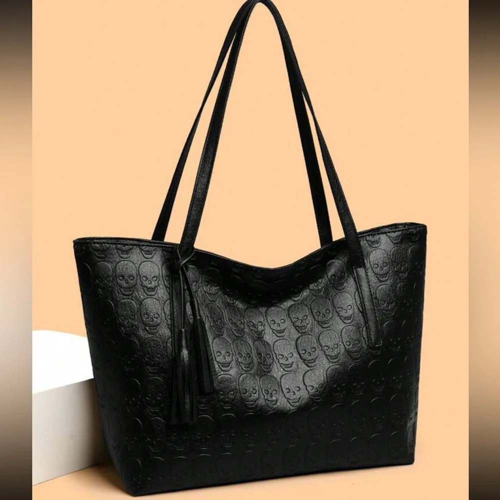 Black Embossed Skull Tote Bag - Stylish Women's Shoulder Bag